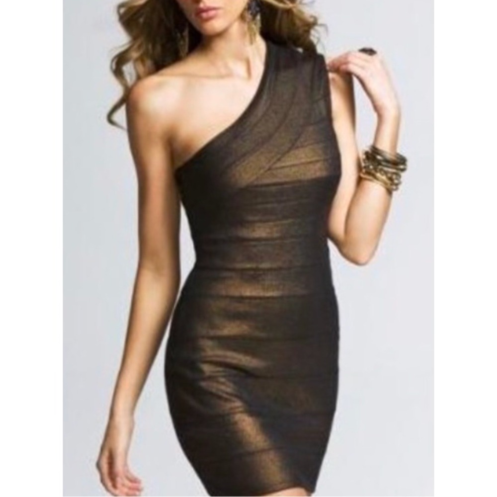 Express One Shoulder Bodycon Dress Womens Medium Bronze Gold Metallic
